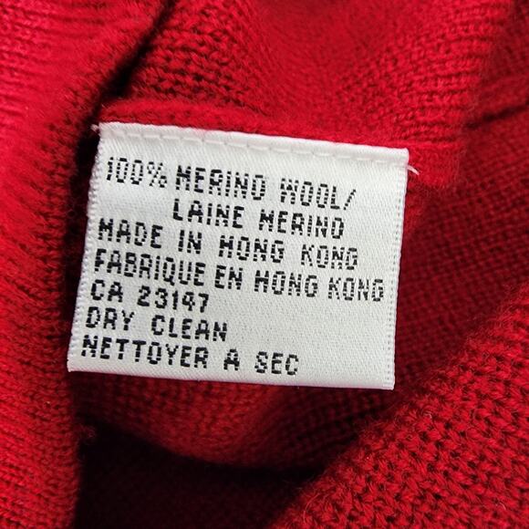 Talbots Cardigan Sweater Medium Red Black Velvet Trim Snap Toggle Merino Wool - Picture 9 of 9